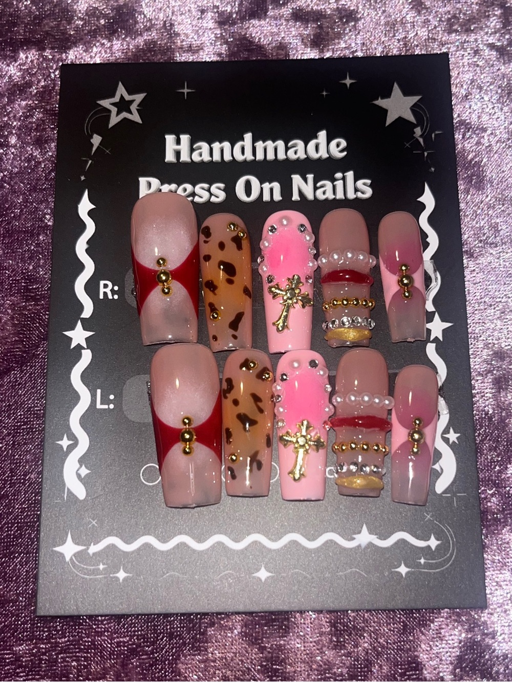 Handmade Pink & Nude Press-On Nails with Leopard & Gem Accents